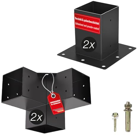 SOTECH SET de montage 4 pièces (2x connecteur d'angle + 2x douille de sol) carré 90 x 90 mm acier galvanisé et revêtement par poudre noir pour une protection maximale contre la corrosion