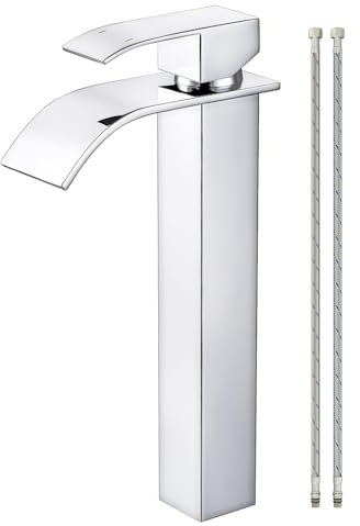 Wasserhahn Bad, Wasserfall Chrom Waschtischmischer mit Auslauf Höhe 224MM Einhebelmischer Edelstahl Armatur Waschbecken Wasserhahn Mit 60cm Anschlussschlauch Armatur