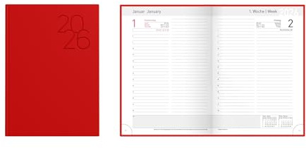 Idena 12037 - Buchkalender DIN A5 2026, 1 Tag auf 1 Seite, Terminplaner mit wattiertem Hardcover-Einband in Rot