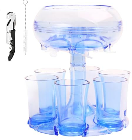 Dryckesdispenser med 6 snapsglas 45 ml Set, Party Drink Dispenser, sprithällare, för dryckesspritbarfester, med borste och flasköppnare blue