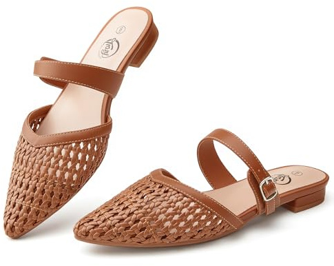 Trary Brown Mules for Women Pointed Toe Women's Woven Flats with Adjustable Strap Slip On Loafers Comfortable Dressy Shoes, Size 8