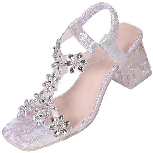 Sandalias de tacón de bloque con diamantes de imitación para mujer, elegantes, transparentes, puntera cuadrada, zapatos de tacón alto y grueso para fiestas y bodas, plateado, 37 EU