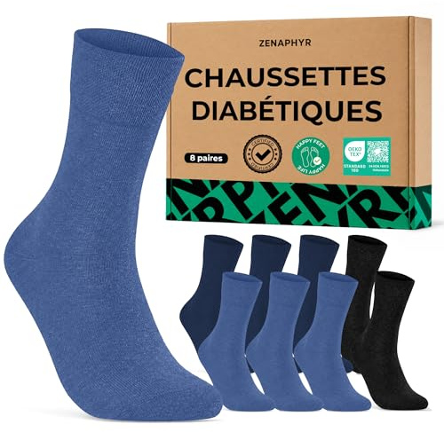 ZENAPHYR - Lot de 8 Paires de Chaussettes Diabétiques Homme Femme Coton, Chaussette Sans Couture, Non Comprimantes & Sans Elastique, Noir Bleu 43-46