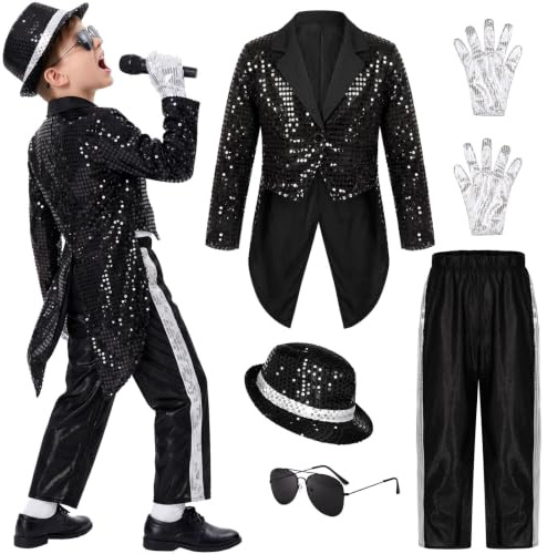Deguisement de la Garcon, Veste et Pantalon à Années 80-90 avec Garçon Ensemble Veste A Paillettes Pantalon Chapeau Lunettes pour Enfant 4-14 Ans Halloween Cosplay Spectacle (10-14 Years)