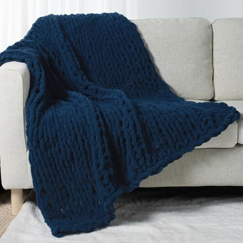 Carriediosa Chunky Knit Throw Blanket 60 X 80 Twin, 100% Hand Made Large Chenille Loop Yarn Soft Fluffy Throws for Couch Sofa Bed, Big Crochet Cozy Heavy Thick Cable Woven Blankets, Navy Blue