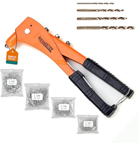 Meiwaltee Rivettatrice Manuale con 200 Rivetti e 4 Trapano HSS, Professionale Lega di Alluminio Rivettatrice, 4 Misure 2,4MM-3,2 MM-4,0MM-4,8MM-Utensili per Metallo, Plastica, Riparazioni Auto
