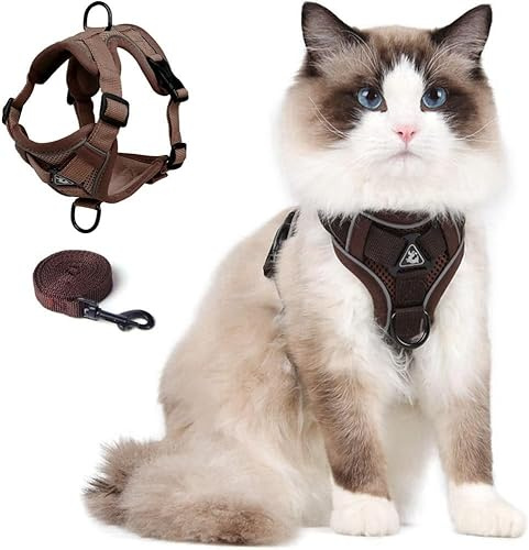 Cat Harness and Leash Set, Upgraded Escape Proof Adjustable Vest with Lead for Large Cat Small Dog Puppy Outdoor Walking, Soft Breathable Mesh Jacket with Reflective Strips for Dark Night(L,Brown)