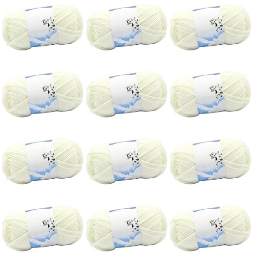600 g handstickgarn för virkning och stickning, 12 x 50 g virkgarn av 100 % bomull, mjuk ull för virkning, flerfärgad (creme)