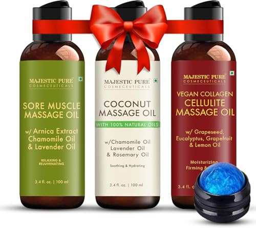 Majestic Pure Sore Muscle & Coconut Massage Oil Set 100 ml Each - Refreshing & Relaxing Massage Therapy Oil, Natural Oils, Includes Massage Roller, for Men & Women