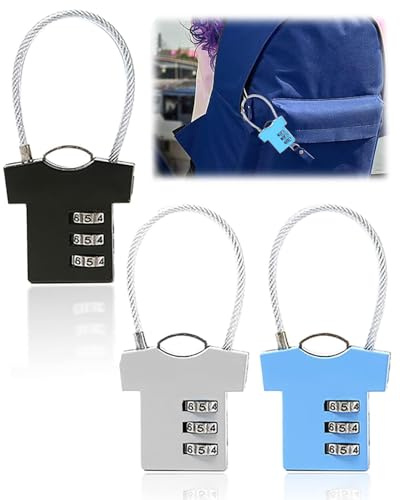 TPZORJX 3 Pièces Cadenas Code,3 Chiffres Réinitialisables Petit Valise Avion Cadenas,Câble Antivol à Combinaison Forme de Vêtements,Pour Bagages,Sacs Voyage,Casiers(Noir,Argent,Bleu Ciel)