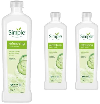 Simple Kind to Skin Refreshing Bath Soak, Pack of 60, Bubble Bath for Women, Soft and Hydrated Skin with Pro-Vitamin B5 and Cucumber Extract for Sensitive Skin Type, 1 L