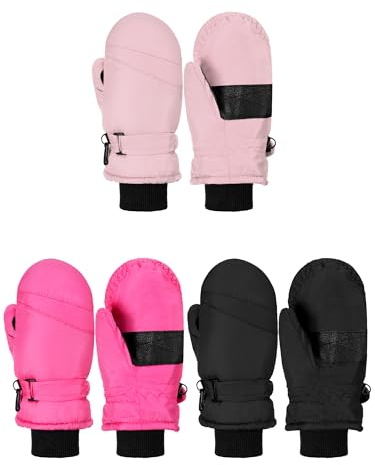 Fourluoo 3 Pairs Kids Waterproof Snow Mittens Winter Ski Gloves Thickened Warm Snow Gloves Mittens for Toddler Boys Girls(6-9 Years,Black, Pink, Rose Red)