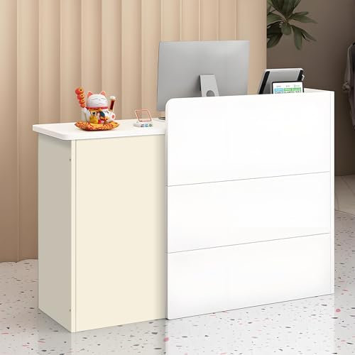 QUEMZAR Empfangstheke Klein Holz, Rezeptionstheke, Empfangstresen Kosmetik, Rezeptionstheken mit Schublade, Laden-Theke Verkaufstheke Tresen Büromöbel Rezeptionsmöbe Beige 80 * 40 * 90cm