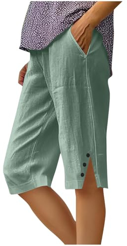 Womens Cotton Linen Shorts UK Summer Knee Length Bermuda Pants with Pockets Wide Leg Lightweight Breathable Capri Pants Casual Comfy Holiday Beach Shorts, Size S-5XL
