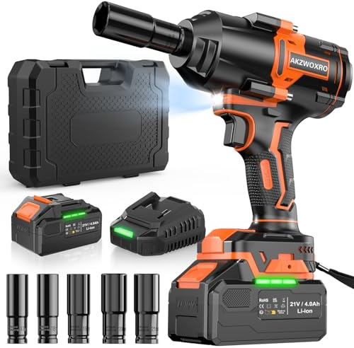 AKZWOXRO 21V Avvitatore a Impulsi 1000N.m, Brushless Chiave a Percussione 1/2 ad Alta Potenza con Batterie da 4,0 Ah e Caricabatterie, 5 Bussole, Trapano a Impulsi per Auto Casa