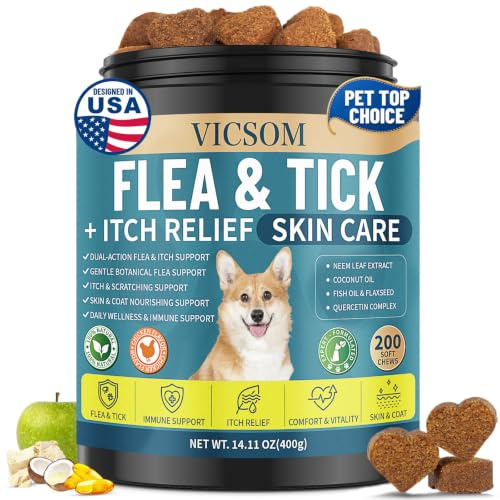 VICSOM Dog Flea & Tick Support Chews, Skin & Coat Care, 200 Soft Chews | Neem, Coconut Oil, Brewer’s Yeast, Fish Oil & Quercetin For Daily Skin Comfort, Coat Care And All Breeds, Chicken Flavour.