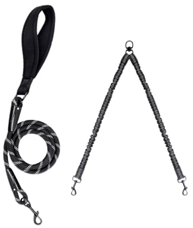 Quppa Laisse Double pivotante à 360°,Laisse élastique Ultra-résistante, Absorbant Les Chocs,réfléchissante,avec Deux poignées supplémentaires pour la Circulation, Noire