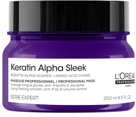 L'Oréal Professionnel, Keratin Alpha Sleek Professionell hårmask, för exceptionellt slätt och praktiskt hår, långvarig ludd- och volymkontroll, extra glans och återfuktning, 250 ml