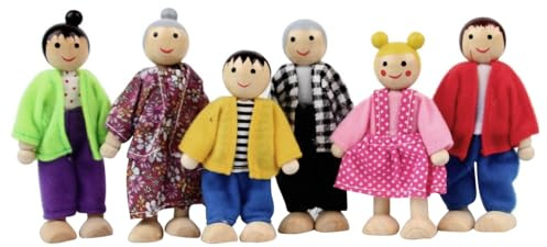 Porgeel Casa de Muñecas Personas 6 Figuras Familiares Figuras de Casa de Muñecas de Madera Vestir Familias Felices con Lindas Expresi