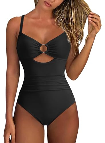 RXRXCOCO Ribbed Swimsuits for Women Swimming Costume Tummy Control Swimwear Cutout One Piece Bathing Suit Black L