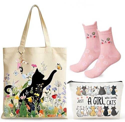 CYGMRFH Conjunto de 4 Bolsos Lona, Bolso Bandolera 2-en-1 con Neceser, Calcetines y Llavero, Reutilizable Lavable para Compras Viajes Trabajo, Regalo Cumpleaños Navidad Día de la Madre