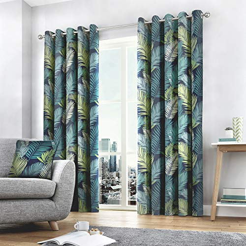 Fusion Tropical Leaf Curtains – Blue Multi-Coloured – W90 x L90 (229 x 229cm) – 2 Panels – 100% Cotton – Palm Jungle Print Drapes for Bedroom and Living Room