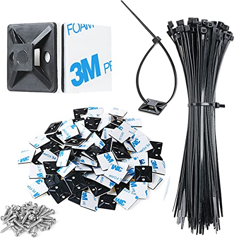 XHF 3/4 Strong Back-Glue Self Adhesive Black Cable Zip Tie Mounts 100pcs with 8 Zip Ties, Screws, UV Protection Outdoor Sticky Wire Fasteners Cable Clips Management Anchors Organizer Holders Squares