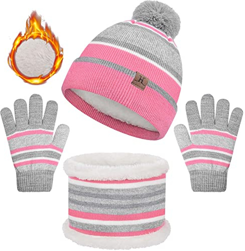 Heekpek 3 Pieces Hat and Scarf Set for Kids Winter - Pom Pom Hat, Scarf, Gloves Set for Girls Boys - Warm Knitted Beanie Hats, Snood and Gloves for Children