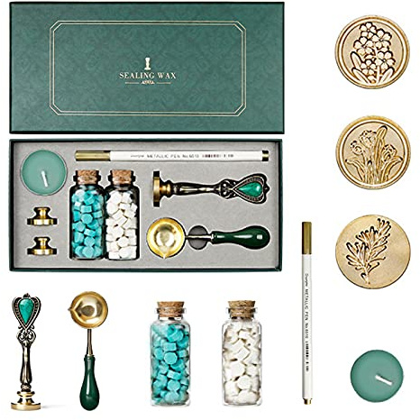 Joyeee - Kit di Ceralacca Con Confezione Regalo, 2 Colori, 3 Timbri, Cucchiaio di Metallo, Penna Metallica, Sigillo per Decorazione #55
