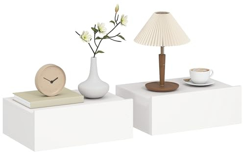 HOMCOM Set med 2 väggsängbord, hängande nattduksbord med skjutlåda, modern stil, för sovrum, 40 x 30 x 15 cm, vit