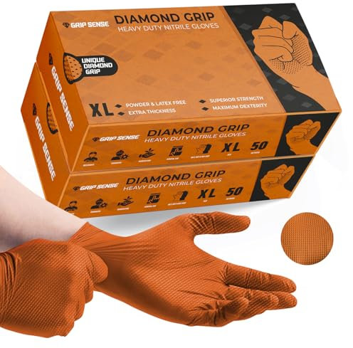 GripSense Gants Nitrile (2 Packs de 50) - Orange Diamant Haute Densité - Sans Latex ni Poudre en Nitrile Orange XL - Mécanicien Extra Épais et Super Forts - Dextérité Max L5