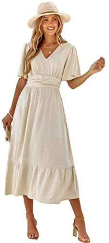 HEYPORK Damen Frühling Sommer Rock Bequem Lässig Kleider Mode Elegant Röcke Frauen V-Ausschnitt Solide Farbe Lotus Blatt Ärmel Lässig Langes Kleid(Aprikose, XL)