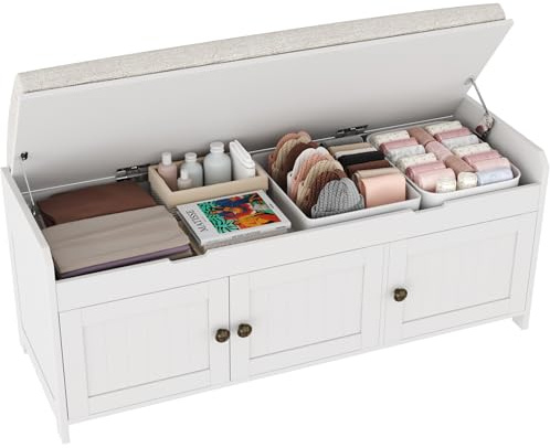 HOMEFORT 41.3 Shoe Bench with Lift Top Storage, Entryway Bench with Cushioned Seat, Wooden End of Bed Bench, Shoe Cabinet Bench with Hidden Storage Space, for Bedroom, Hallway,White