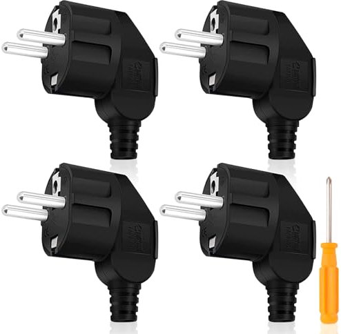 Schuko Stecker,4 Stück Stecker 250V (16A) Schutzkontakt-Stecker mit Knickschutztülle +1 X Schraubendreher, IP20 Wasserdicht Schuko Stecker für 8-10mm