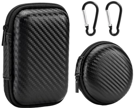 2 unidades mini caja de almacenamiento para auriculares con 2 mosquetones, bolsa de almacenamiento de cable de datos para auriculares, funda rígida EVA, accesorios de viaje (negro)