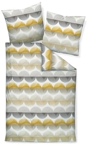 Janine Bettwäsche 135x200cm + 80x80cm Moments - weicher Bettbezug aus Mako Satin - mit Reißverschluss - 100% Baumwolle - Öko-Tex - Sonnengelb helloliv Graphit