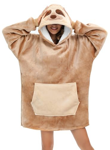 LATH.PIN Unisexe Sweat à Capuche Panda Pull Large Robe de Chambre Animal Microfibre Couverture Flanelle Panda Mignon Douce Epaisse Chaud avec Grandes Poches(Paresseux,L)