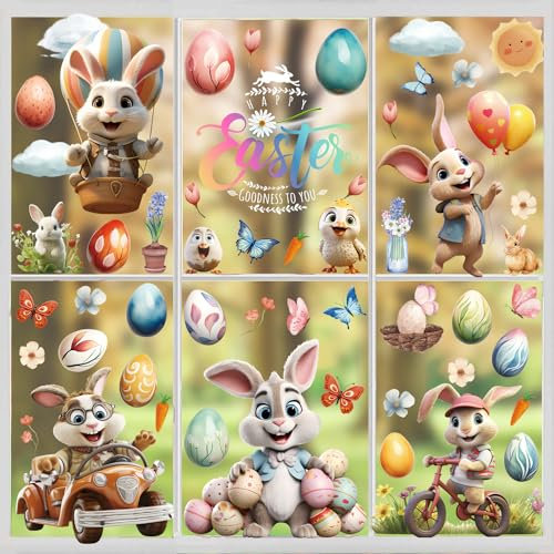 Fensterbilder Ostern, Eier Hasen Küken Selbstklebend 9 Blätter Fensterbilder für Osterns, Fensterfolie Pvc Static Fenster Frühling deko (Ostern)