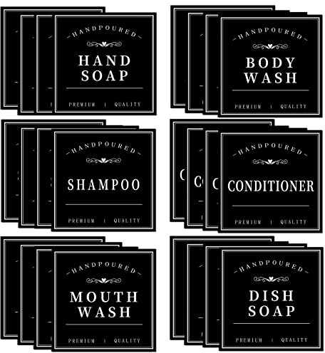 KSIWRE Lot de 24 étiquettes de savon imperméables pour bouteilles, distributeur de shampooing, pour l'organisation de la salle de bain, autocollants amovibles pour savon pour les mains, liquide