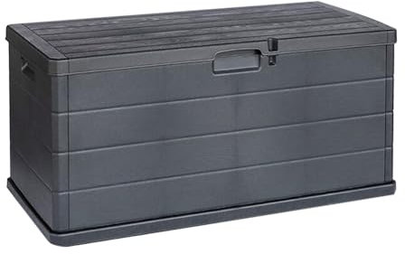 VIRSUS Baule da Giardino con Ruote, misura 118x59x57 cm, Cassapanca Effetto Legno Antracite, Impermeabile, Chiusura Lucchettabile, Contenitore da Esterno, Capacità 340 Litri -ALP001F
