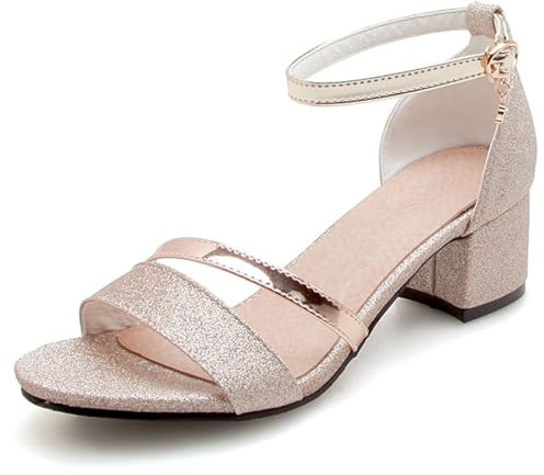 OALEEN Sandales Femme Eté Petit Talon Carré Bride Cheville Nu-pieds Paillettes Chaussures Ouverte Soirée Mariage Doré 43