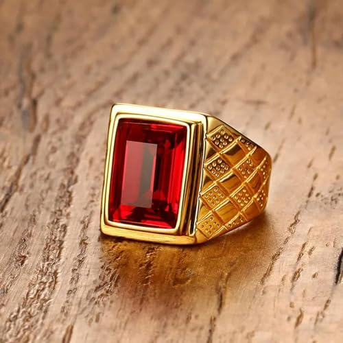 XJruixi Anillo de Anillos de Boda de Piedra roja/Negra para Hombres Anillo de Acero Inoxidable de Color Dorado Diseño de rombo Promesa de Compromiso Joyería 18 mm