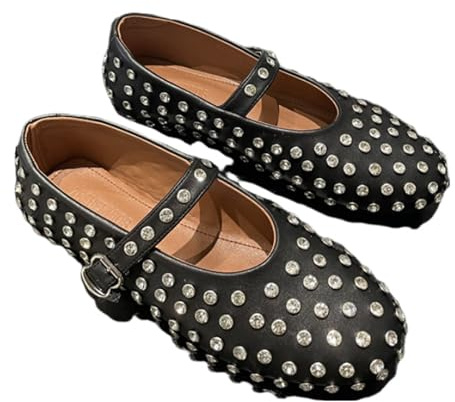 CRETUAO Ballerine da Donna con Strass, Ballerine Mary Jane con Punta Rotonda e Fibbia Scintillante, Ballerine Casual impreziosite con Borchie,Nero,38.5 EU