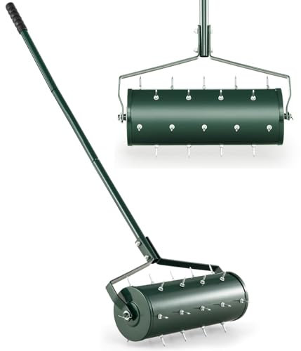 YHUEGH Aireador de césped rodante para jardín, Rodillo de césped Manual de 43 cm con Mango Desmontable de 130 cm, púas de Empuje giratorias de Acero Resistente, Herramienta para césped de jardín