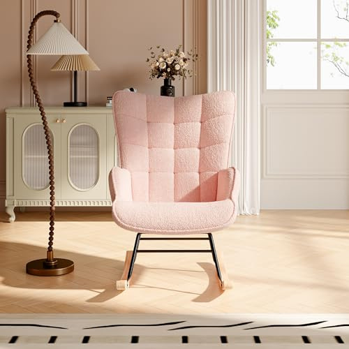 DAHUEN Fauteuil à Bascule Adulte, Rocking Chair, Fauteuil Allaitement Tissu en Peluche Teddy, Chaise à Bascule, Fauteuils Salon avec accoudoirs, pour Chambre, Salon, Rose (Rose)