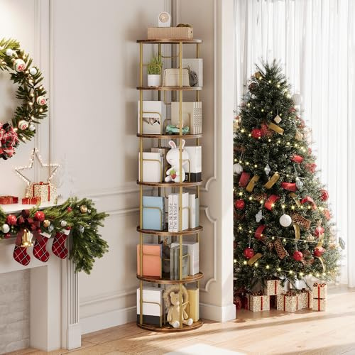 Generisch 360° Drehbares Bücherregal, Bodenstehendes Bücherschrank Aus Holz, Bookshelf Mit 6 Ebenen, Verstellbare Ebenen, Standregal, 45×45×193cm, Vintage-Braun