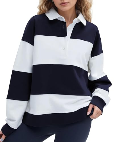 Ardrem Women Oversized Striped Polo Sweatshirt Color Block Lapel Collared Pullover Tops Striped Long Sleeve Rugby Shirts White-Blue