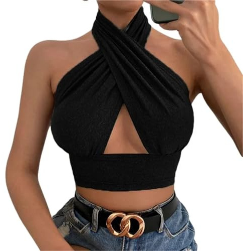XIUsheUA Top Cruzado con Cuello Halter Camisolas Sexis for Mujer, Tops Cortos con Espalda Descubierta y entrecruzados, Ropa de Club, Calle, Sencilla, Sexy, Suave Sedosa for(Black,S)