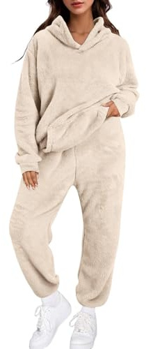 Tuta da donna, set da due pezzi, casual, in pile, calda, abbigliamento da casa, 2 pezzi, lunga, tuta in pile, donna, felpa con cappuccio e pantaloni, tuta da jogging, abbigliamento da tempo libero