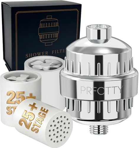 25-Stage Hard Water Shower Filter with Enhanced KDF55,High Output Filtered Shower Head with 3 Replacement Cartridges,Removes Chlorine,Fluoride & Sediment,Universal Polished Chrome Bathroom Showerhead
